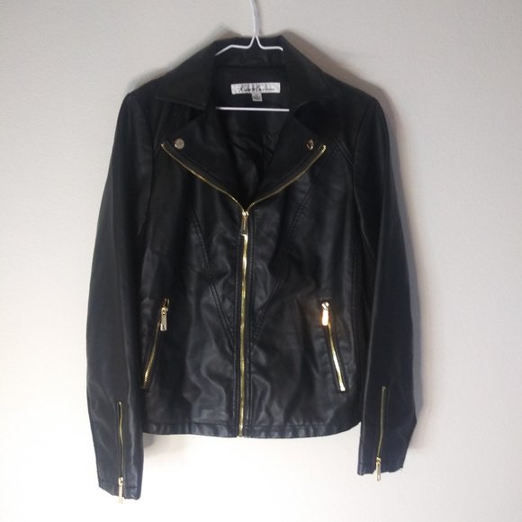 Kenneth Cole NY Black Faux Leather Moto Rocker Jacket Gold Details Size M EUC